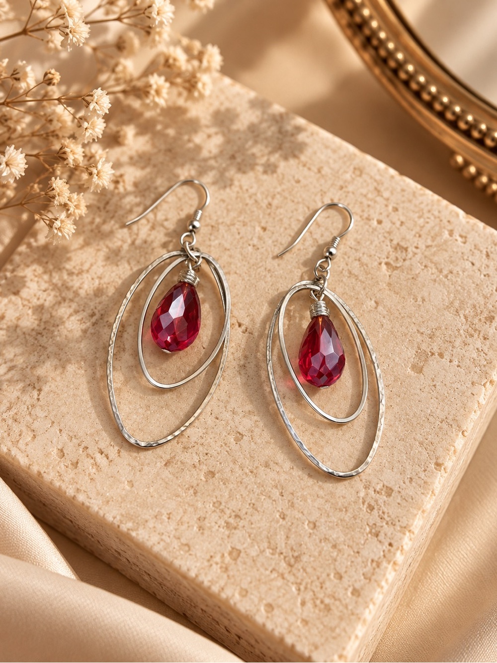 Y2K Silver Tone Red Crystal Orbital Dangle Earrings